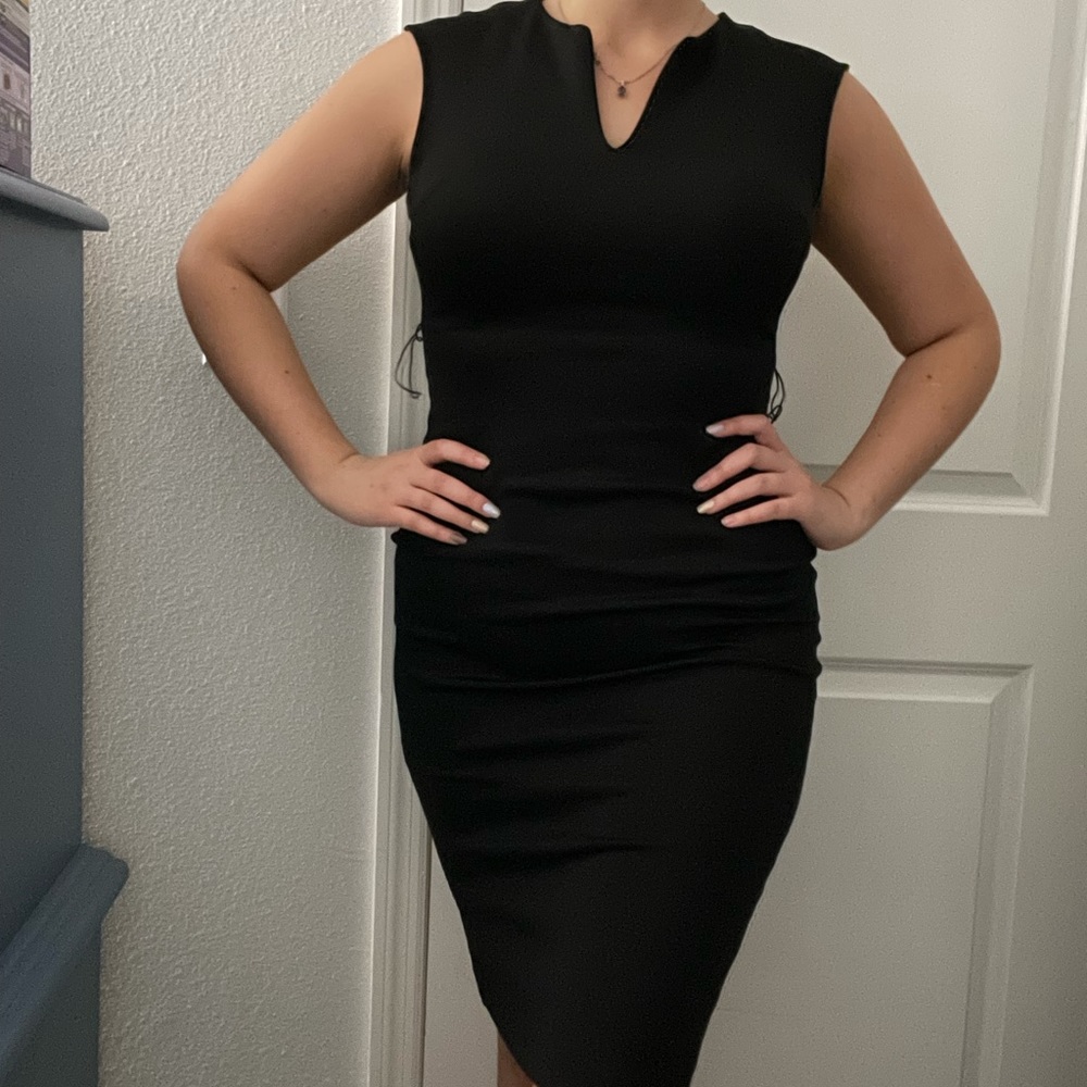 New York & Company Black Stretch Body-con Collared V Neck Dress size XS